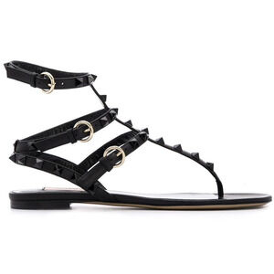 Valentino Rockstud So Black Leather Triple Ankle Strap Gladiator Flat Sandal 35